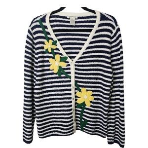 Orvis Striped Cardigan Sweater Floral Applique Button Front Cozy Knit M Women